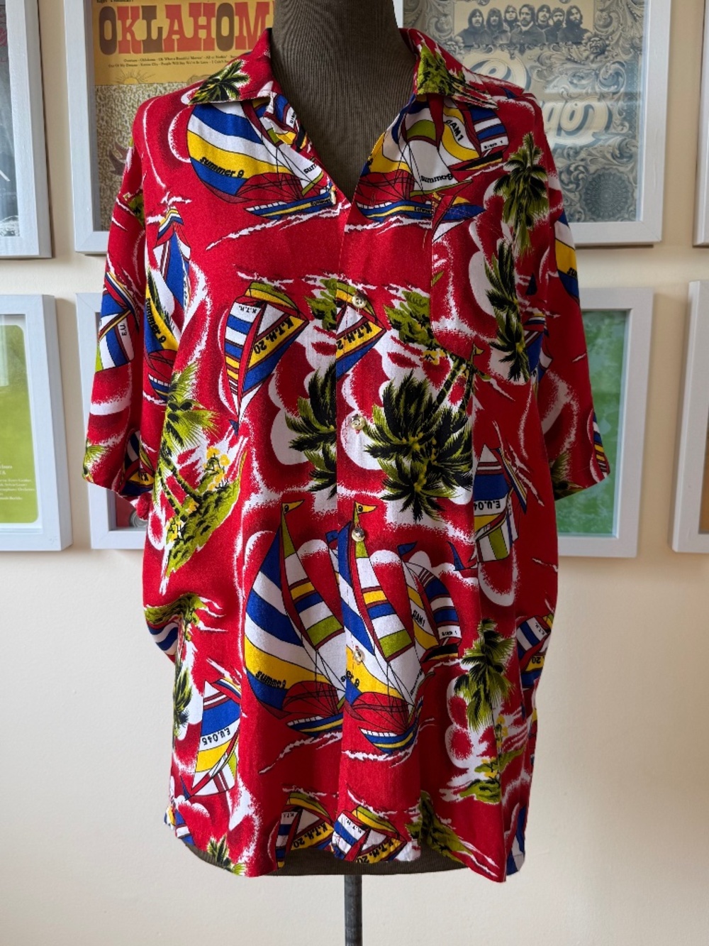 Vintage Tropical Hawaiian Sailing Shirt | Red Island Print Button-Up | Retro